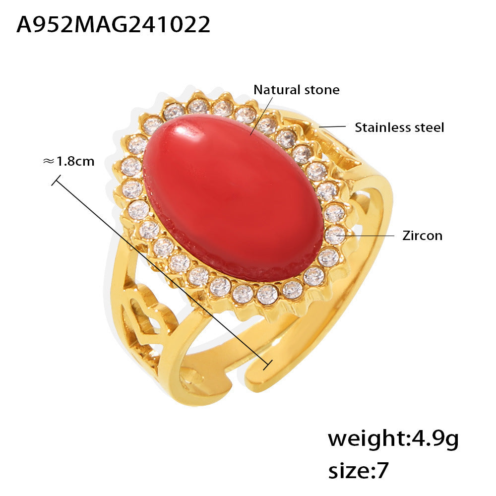 Zircon Oval Natural Stone Open Stainless Rings