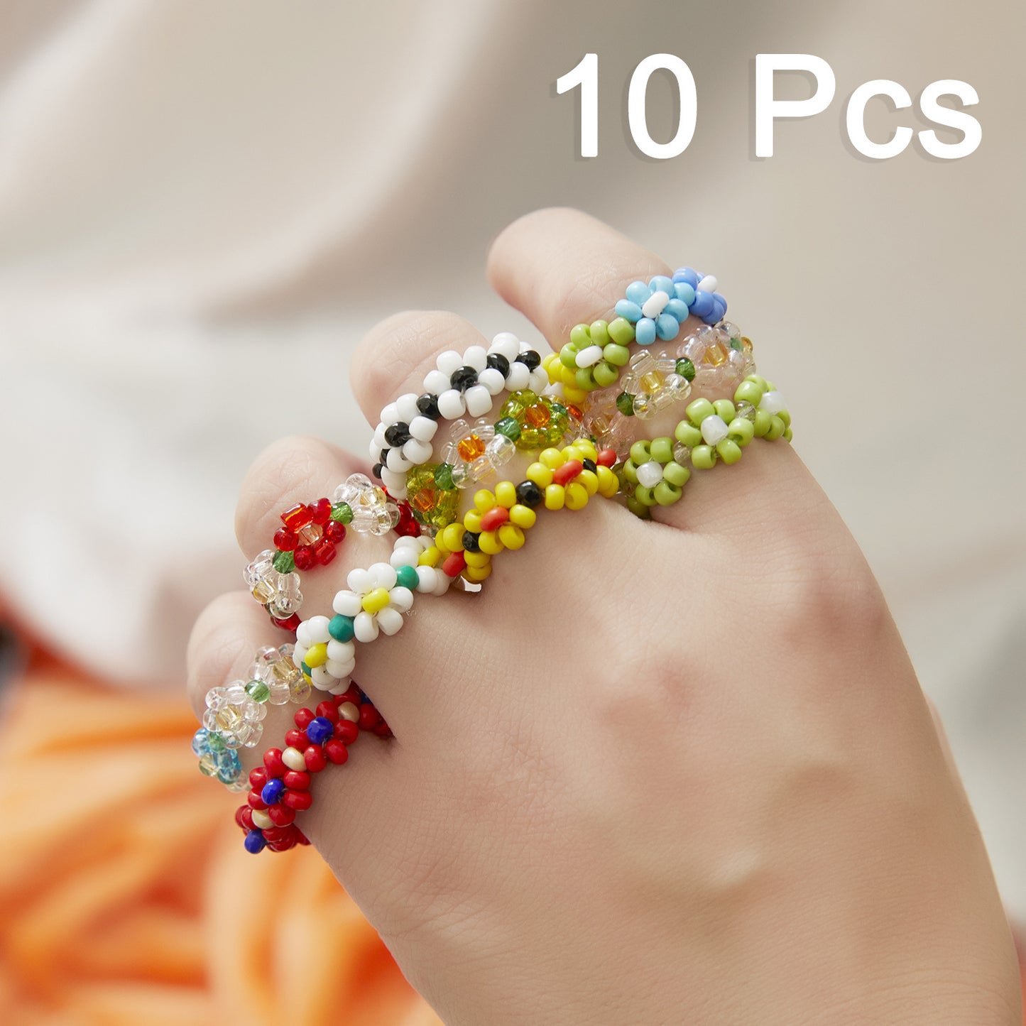 Women's Handmade Bead Flower Colored Woven Small Rings