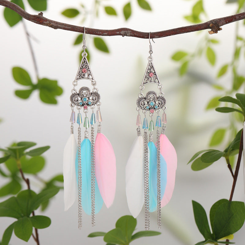 Mid-length Pagoda Crystal Feather Retro Long Upper Lower Stitching Earrings