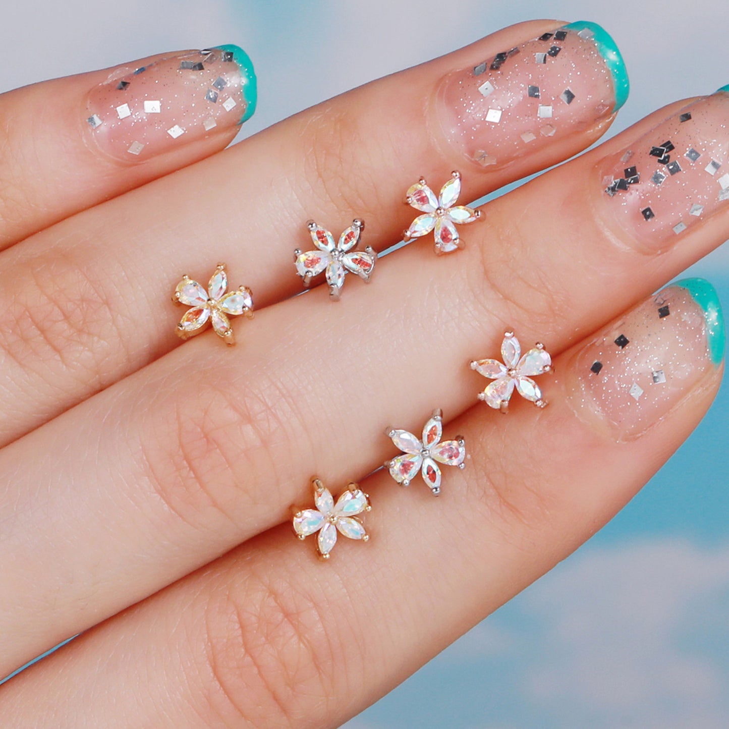 Flower Ear Pink Zircon Sweet Loving Heart Bone Inner Screw Earrings