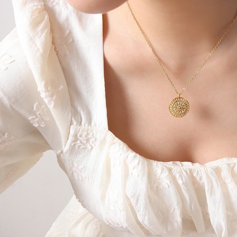 Style Round Inlaid Zircon Embossed Constellation Dial Hour Necklaces