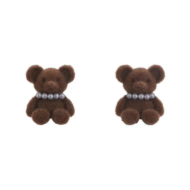 Design Sense Niche Flocking Bear Pearl Earrings