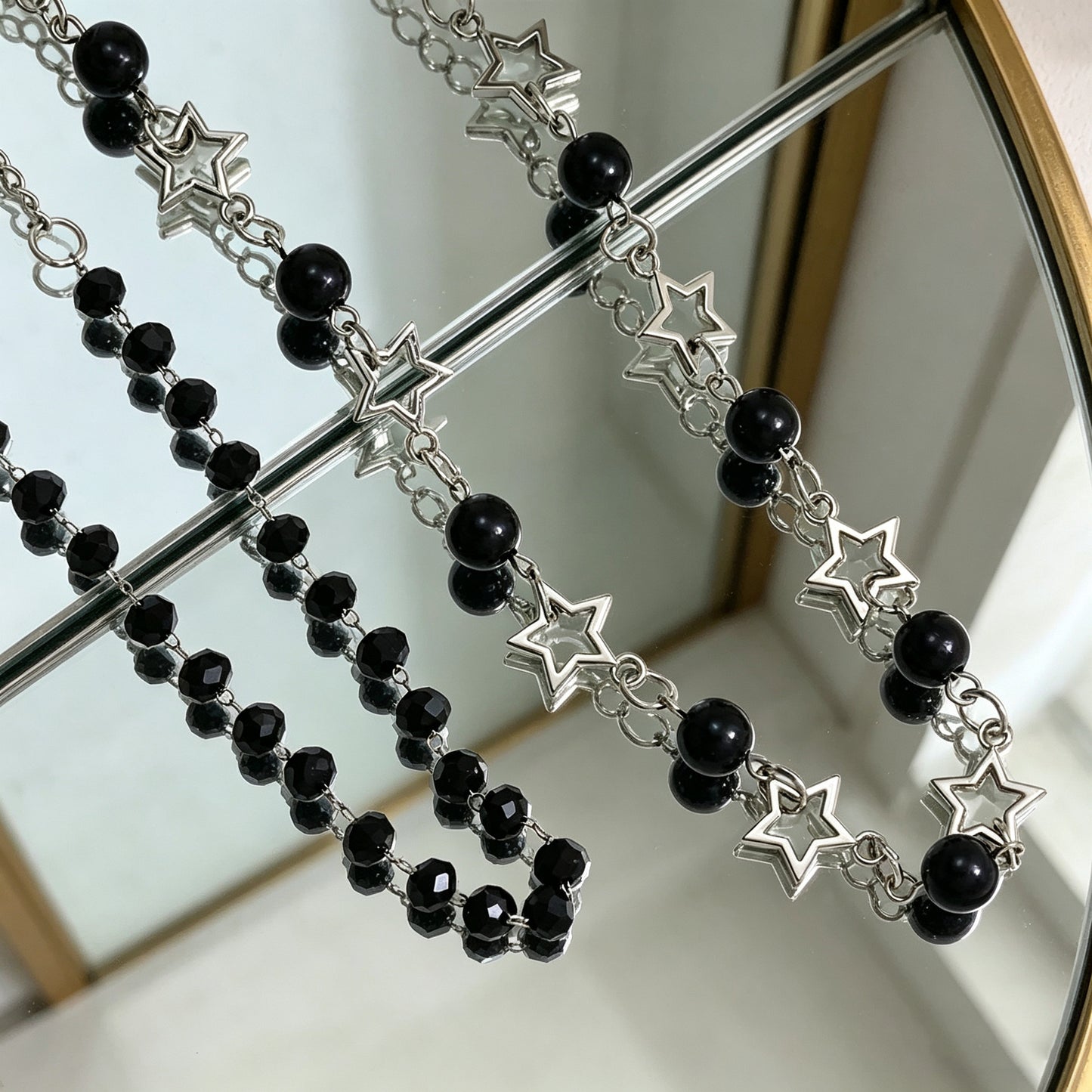 Sweet Cool Style Hollow Pentagram Twin Black Beaded High-grade Necklace