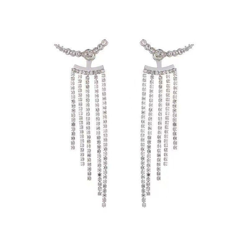 Tassel Rhinestone High Sense Sier Personality Design Temperament Entry Earrings