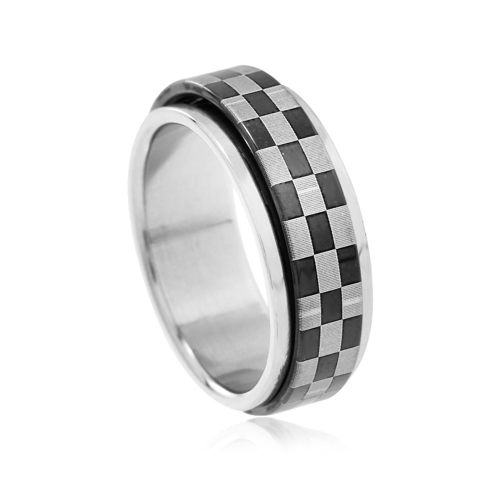 Steel Classic Black White Chessboard Lattice Rings