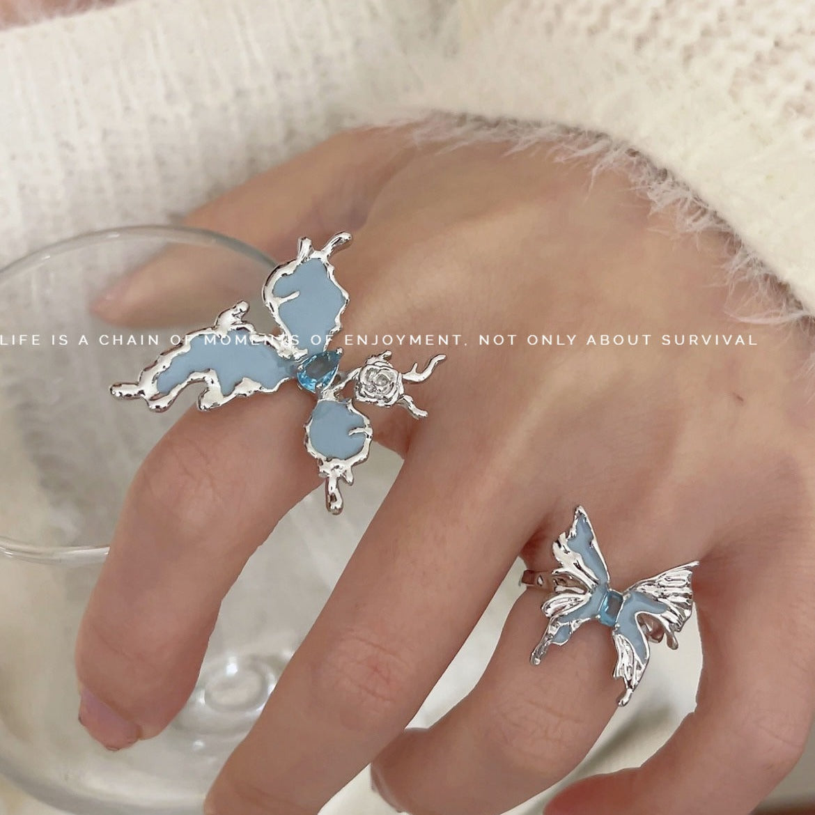 Women's Enamel Blue Butterfly Opening Cold Wind Affordable Ring