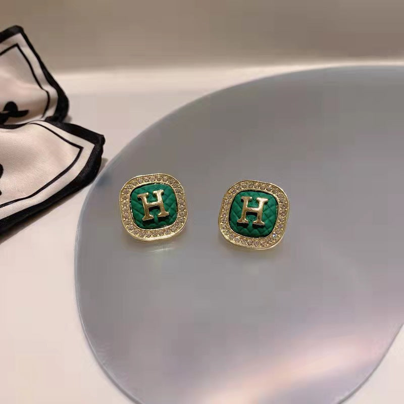 Alphabet Letter Simple Graceful Green Plaid Earrings