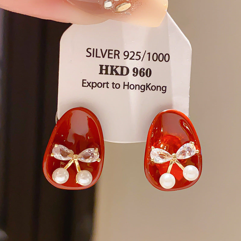 Women's Sier Needle Zircon Life Red Pony Light Luxury Earrings