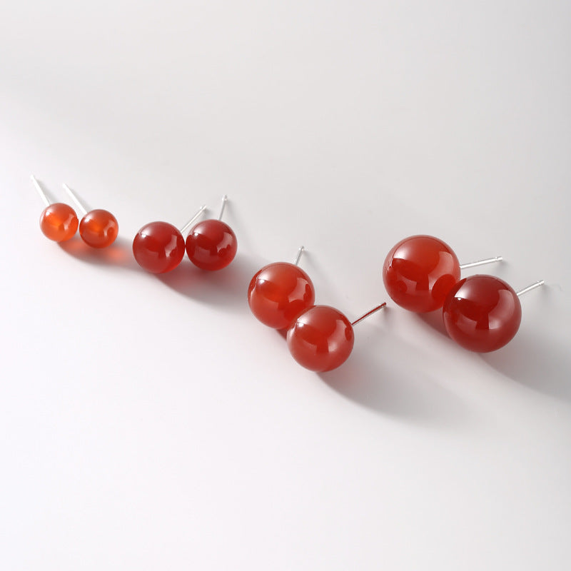 Women's Sier Ball Red Agate Ear Simple Earrings