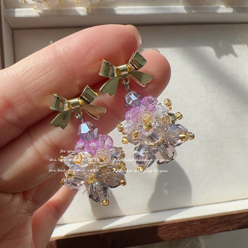 Sweet Pink Purple Ing Bow Painless Earrings