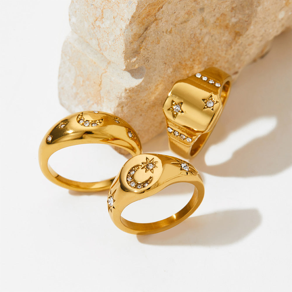 Stainless Steel Retro Star Moon Design Rings
