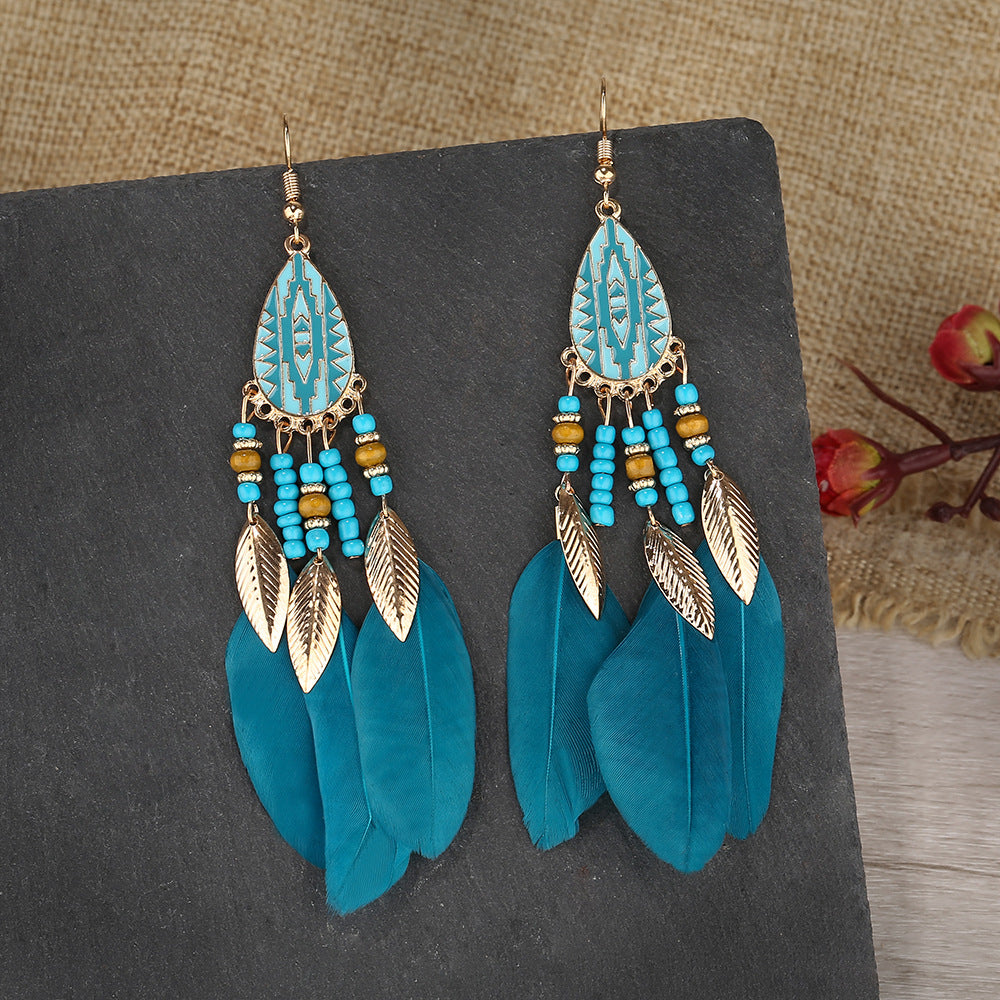 Eardrops Water Drop Feather Jewelry Retro Ethnic Style Earrings