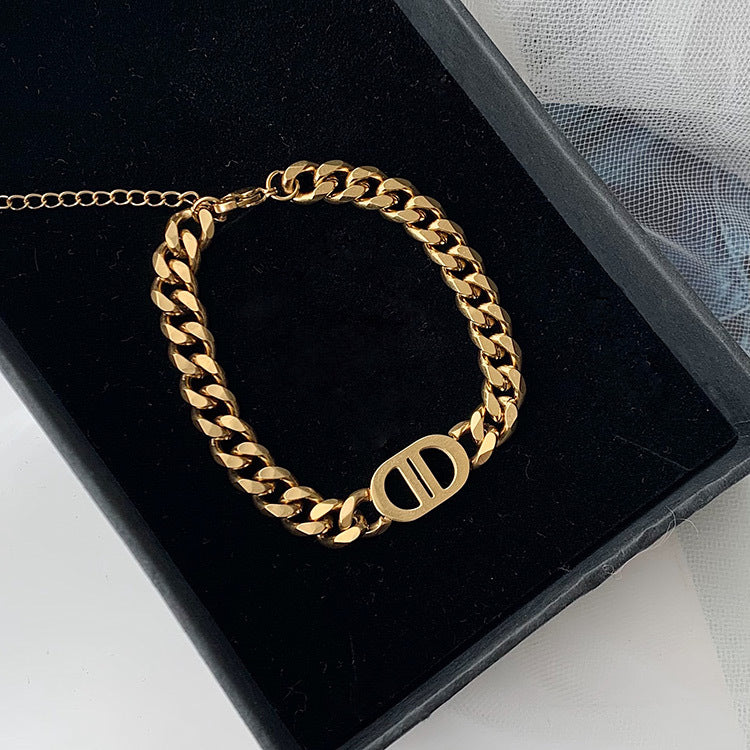Women's Quality Thick Straps Gold Letter Titanium Steel Hip Hop Necklaces