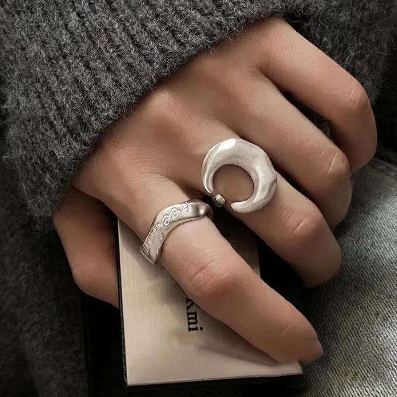 Design Moon Brushed Texture Sier High-grade Rings