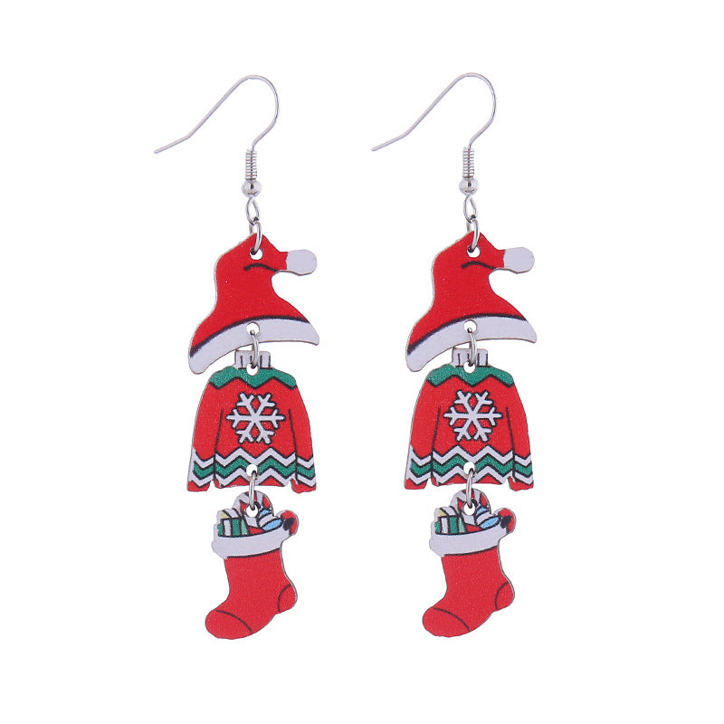 Christmas Tree Hat Bell Snowman Wooden Earrings