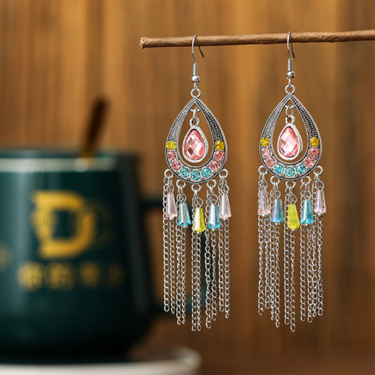 Chinese Style Long Chain Tassel Stylish Water Drop Earrings