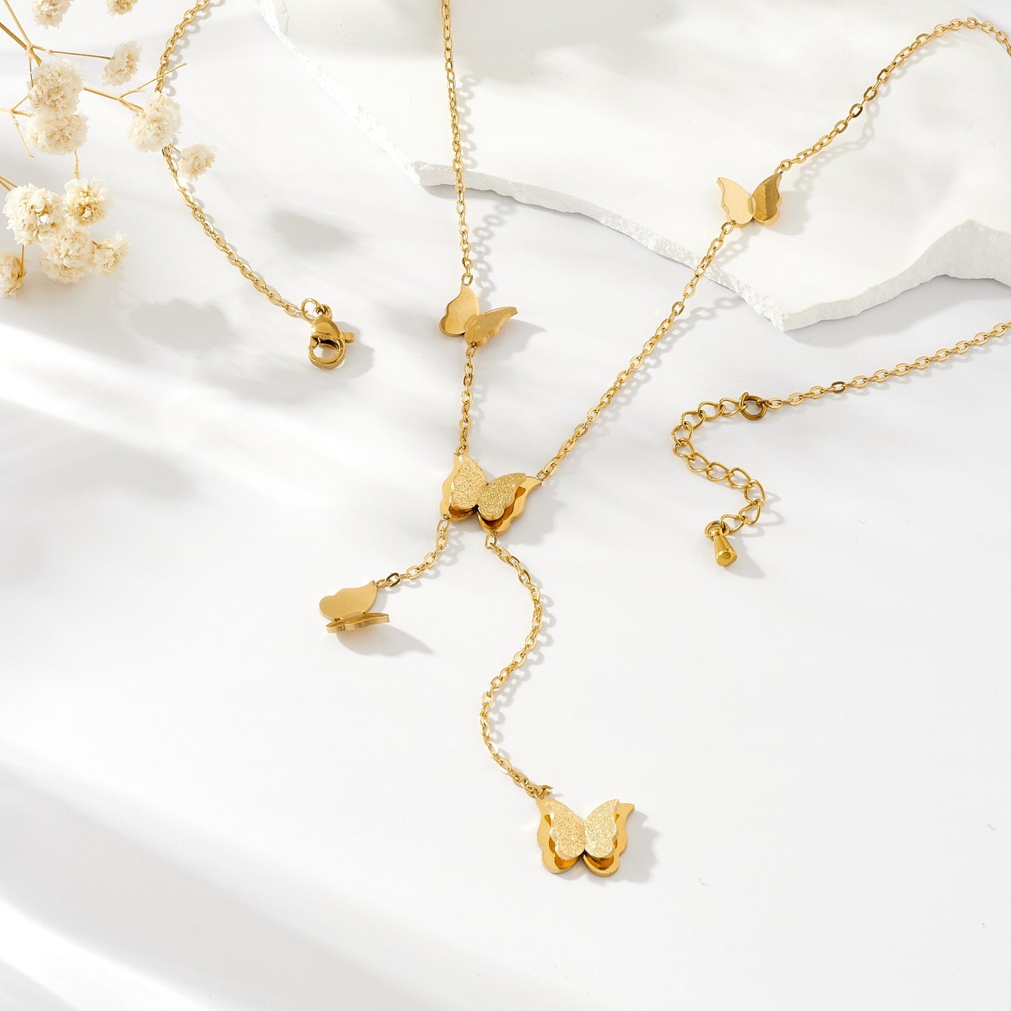 Women's Three-dimensional Five Butterflies Accessory Tassel Chain Stainless Steel Gold-plated Clavicle Necklace