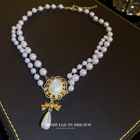 Oval Bow Water Drop Pearl French Retro Necklaces