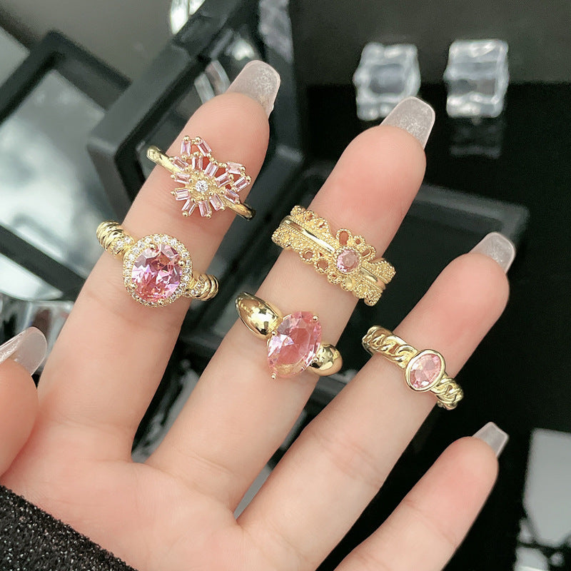 Retro Elegant Pink Diamond Niche Open Rings