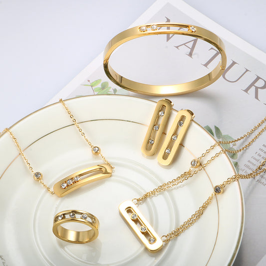 Stainless Steel Diamond Circle Moving Stone Holder Jewelry Set