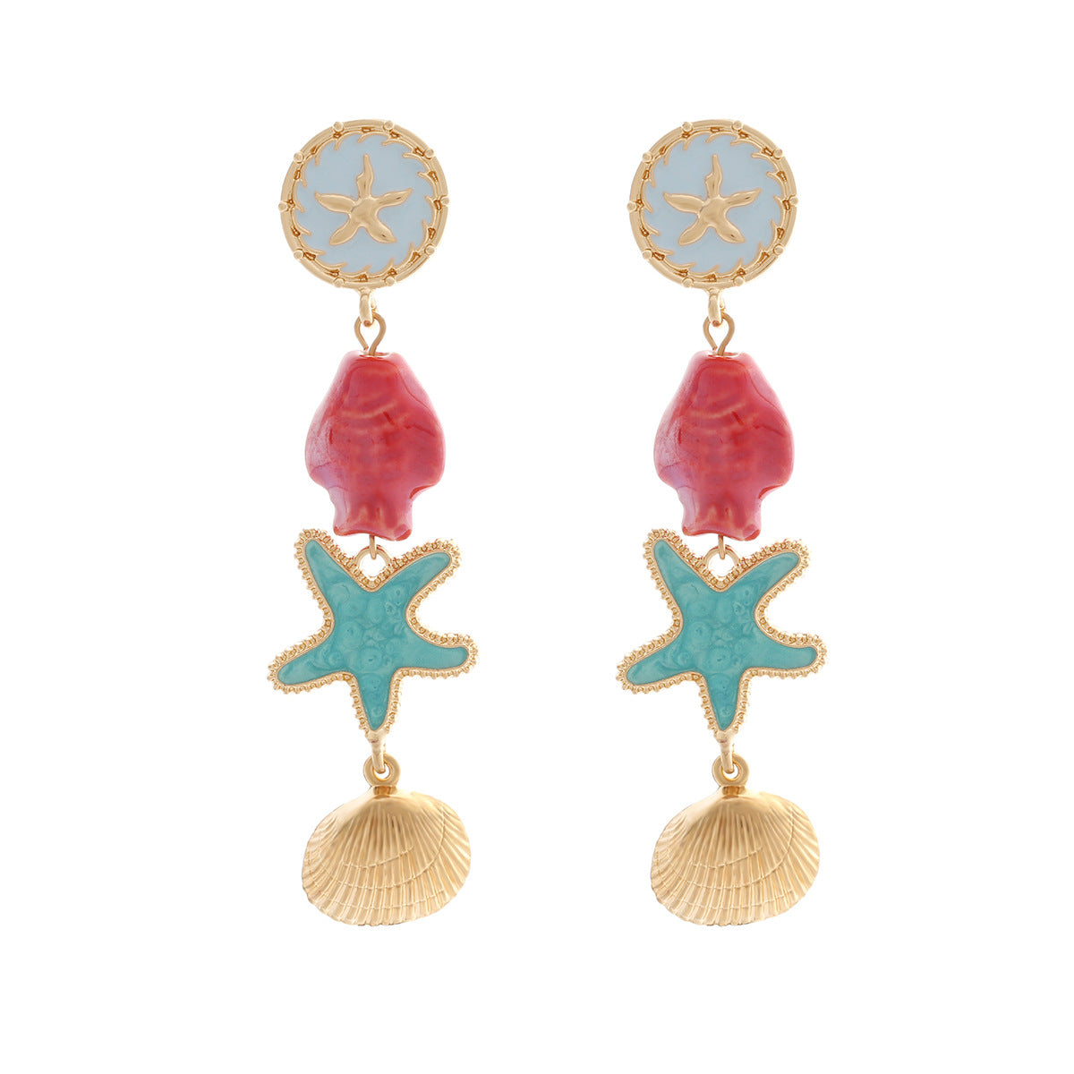 Style Macaron Starfish Fish Shell Patch Exaggerated Layered Earrings