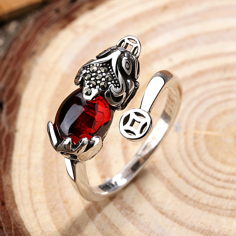 Lucky Copper Garnet Female Thailand Sier Antique Finish Personalized Creative Ring