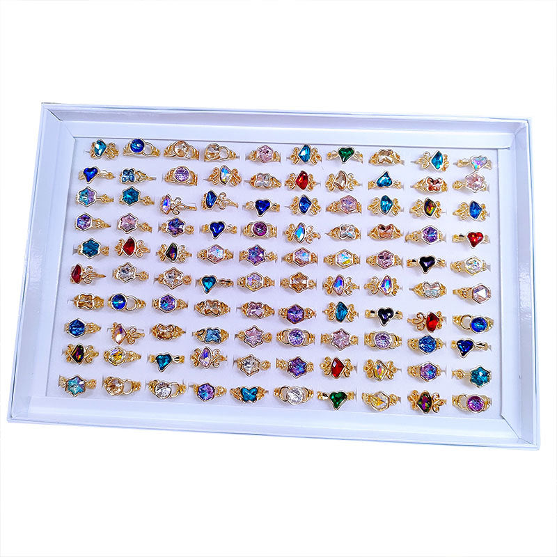 Women's Gold Color Glass Crystal Gemstone Mixed Rings