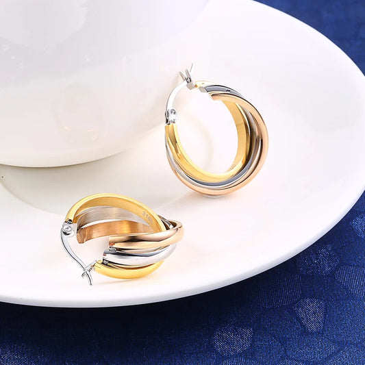 Steel Three-ring Overlapping Gold Fashionable Temperamental Round Earrings