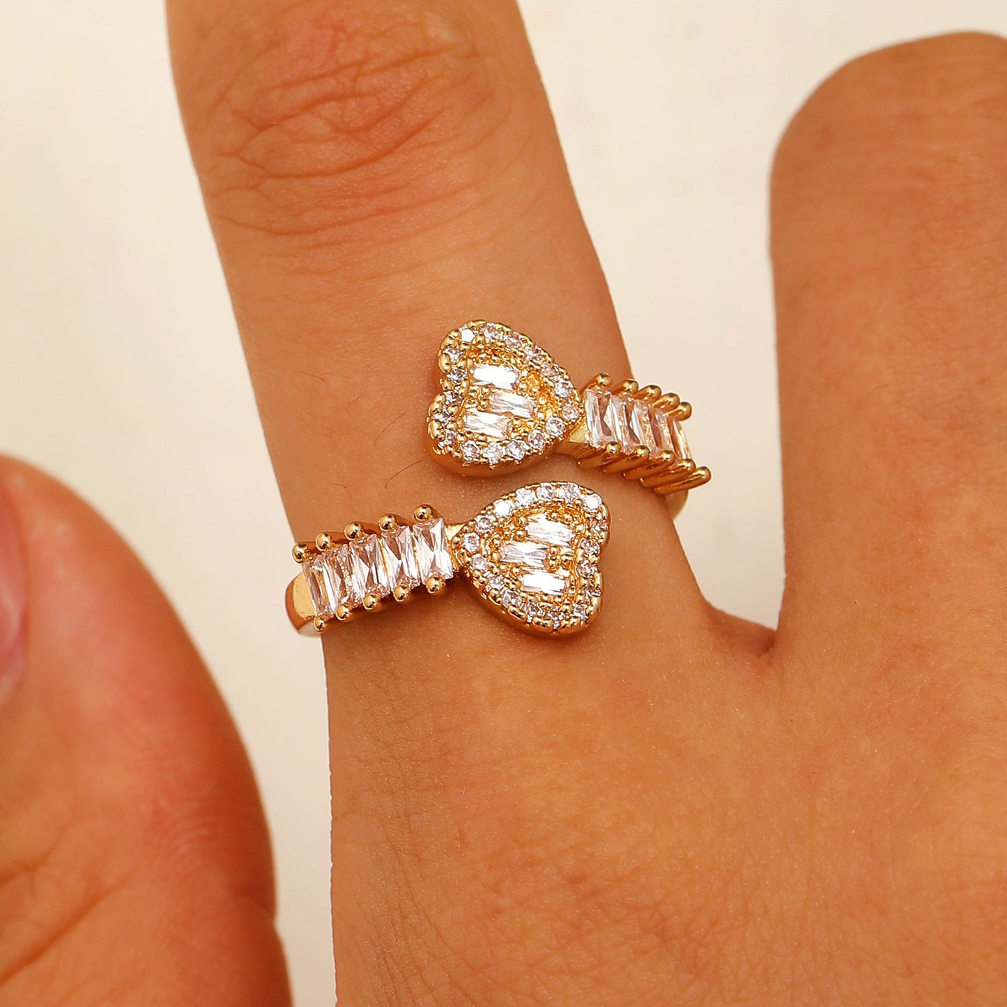 Vintage Zircon Loving Heart With Opening Adjustable Female Style Everyday Rings