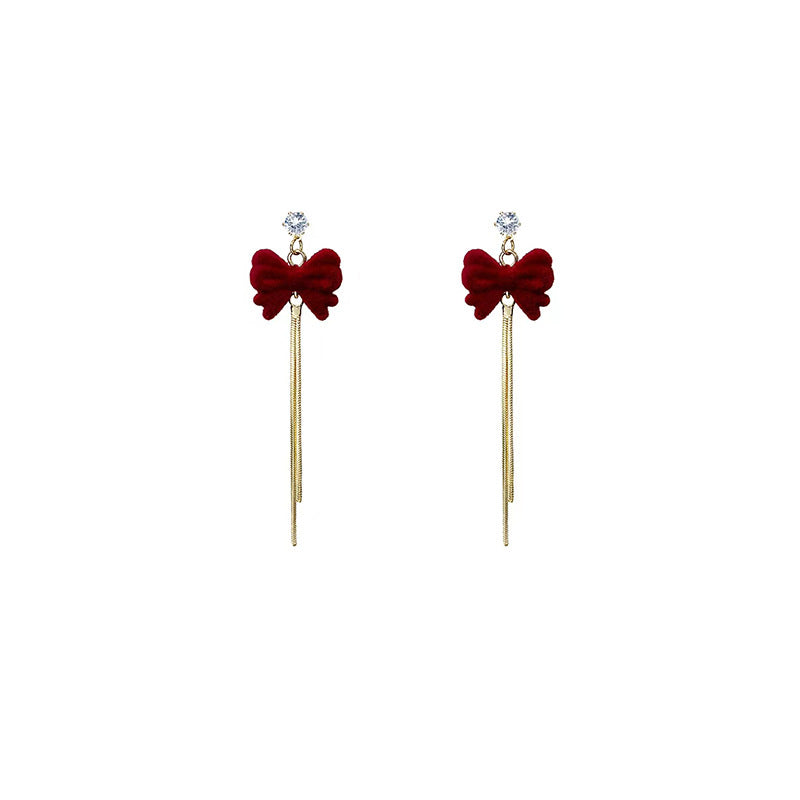 Fashionable Flocking High-grade Niche Bow Red Earrings