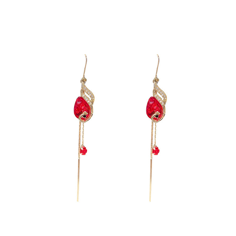 Blue Red Crystal Long Tassel Peacock Earrings