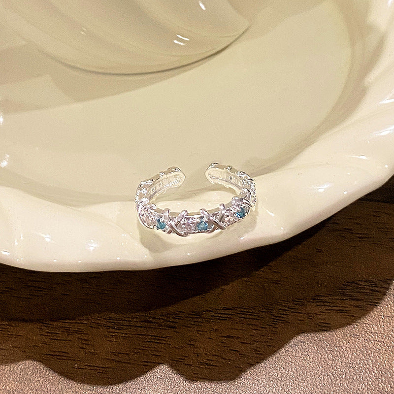 Falling Broken Blue Square Diamond Flower Branches Tendrils Female Gentle Ring