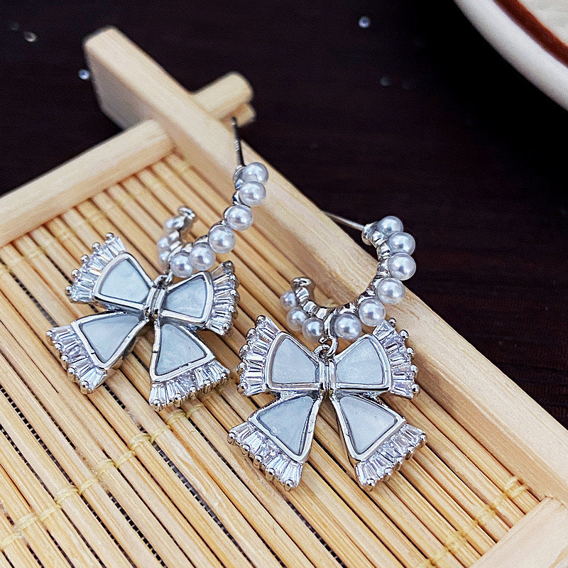 Women's Sier Needle French Pearl Bow Inlaid Earrings