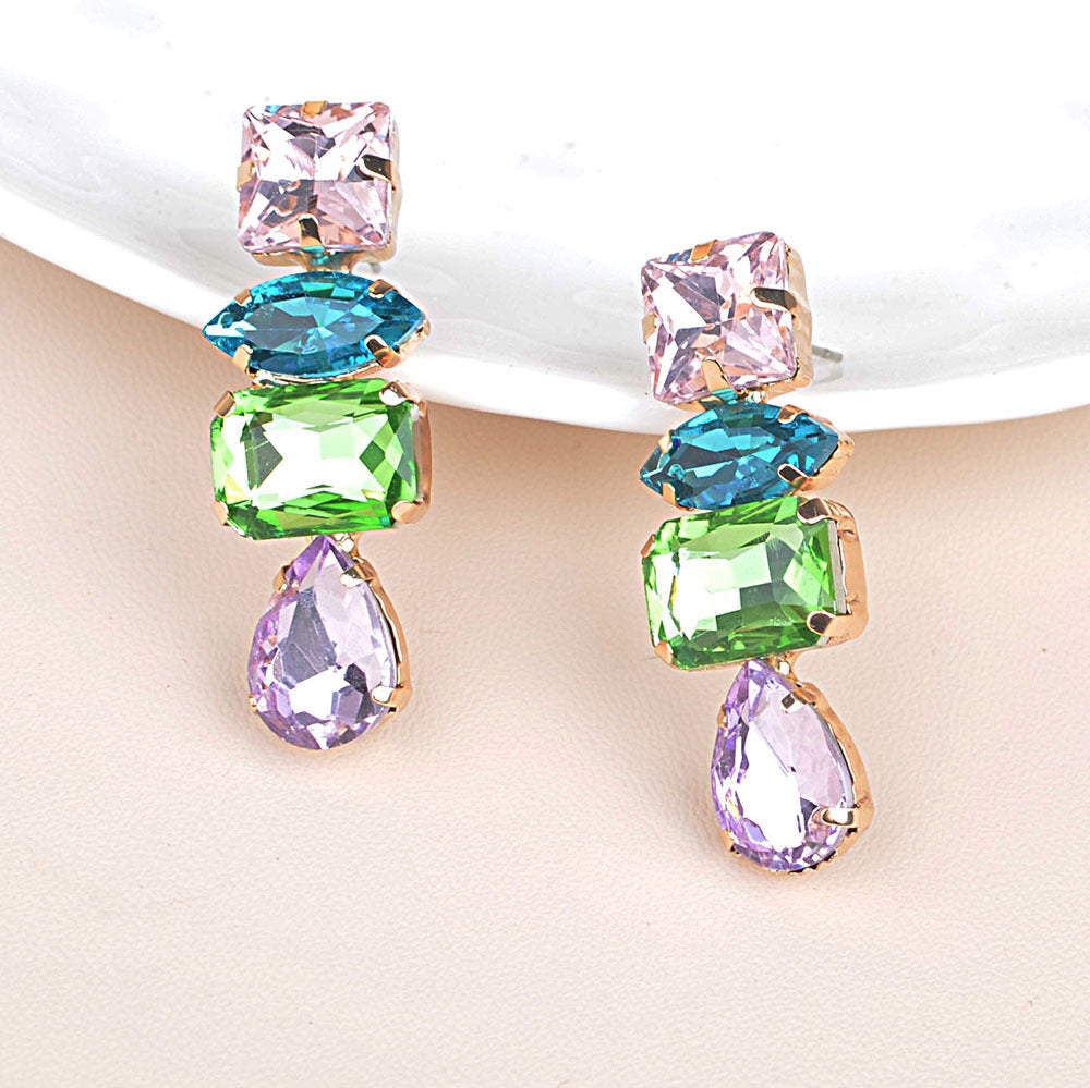 Flash Square Glass Drill Gemstone Emerald Earrings