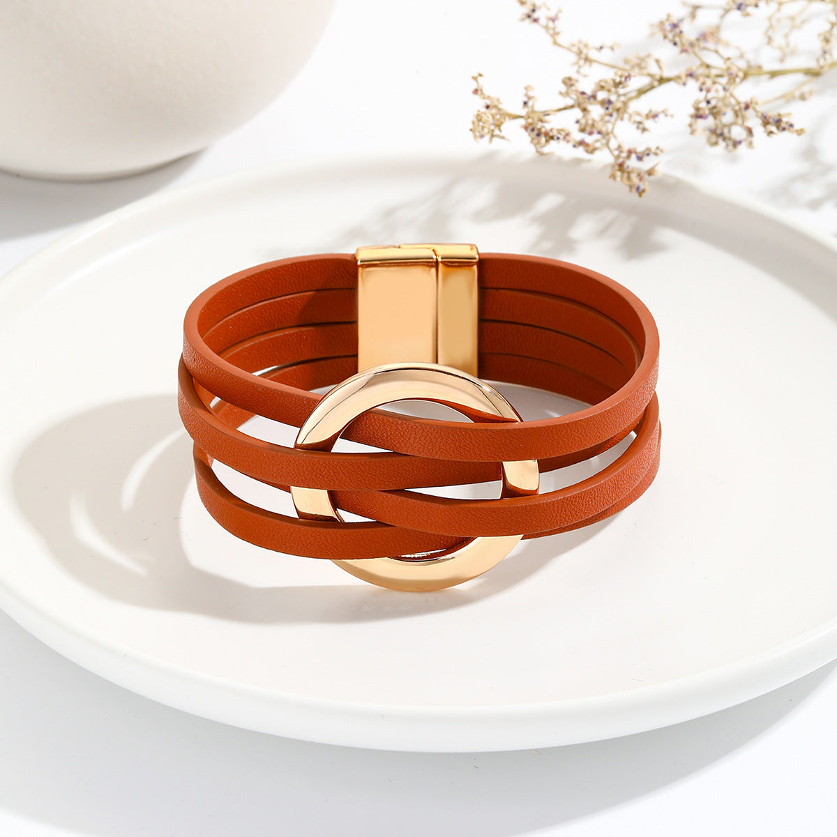 Women's Cross Leather Metal Big Cuff Bangle Rings