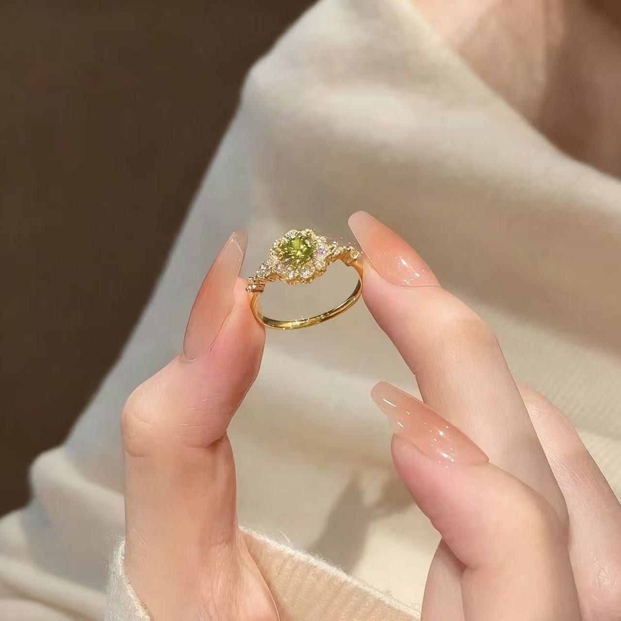 Green Adjustable Female Light Luxury Minority Elegant Simple Ring