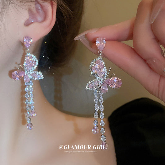 Sier Needle Zircon Pink Butterfly Water Earrings