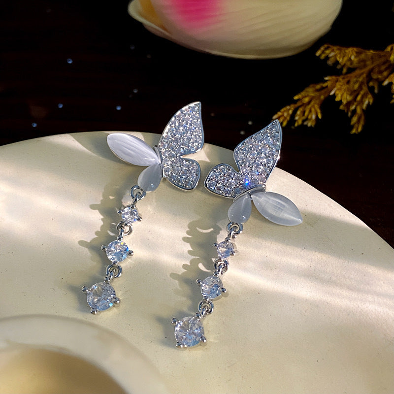 Lux Fashion Micro Inlaid Zircon Butterfly Long Earrings