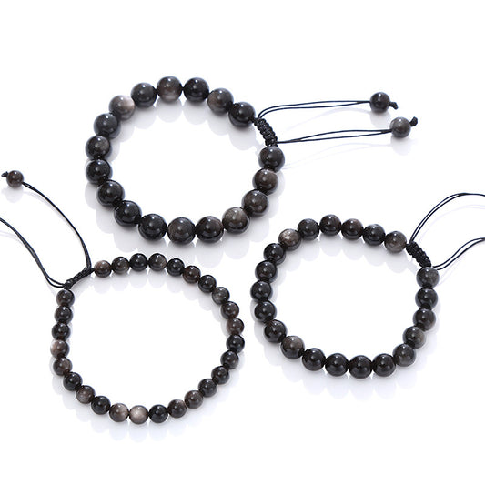 Men's Natural Sier Stone Obsidian Round Beads Bracelet