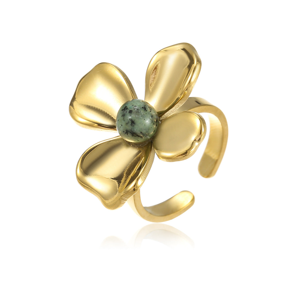 Stainless Steel Flower Inlaid Natural Stone Exquisite Design Open Rings