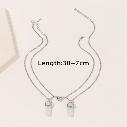 Luminous Hexagon Prism Natural Stone Heart Couple Necklaces