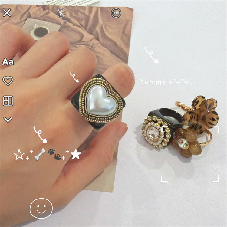 Style Black Square Alloy Love Three-dimensional Flower Ring