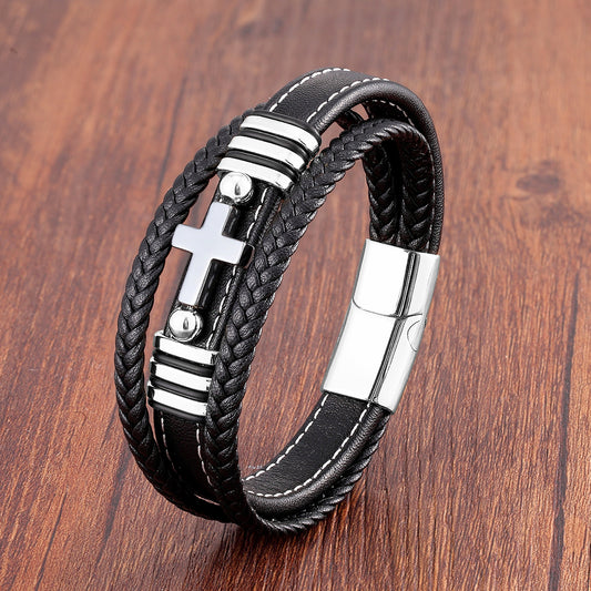 Men's Woven Leather Vintage Stone Cross Stainless Steel Bracelet