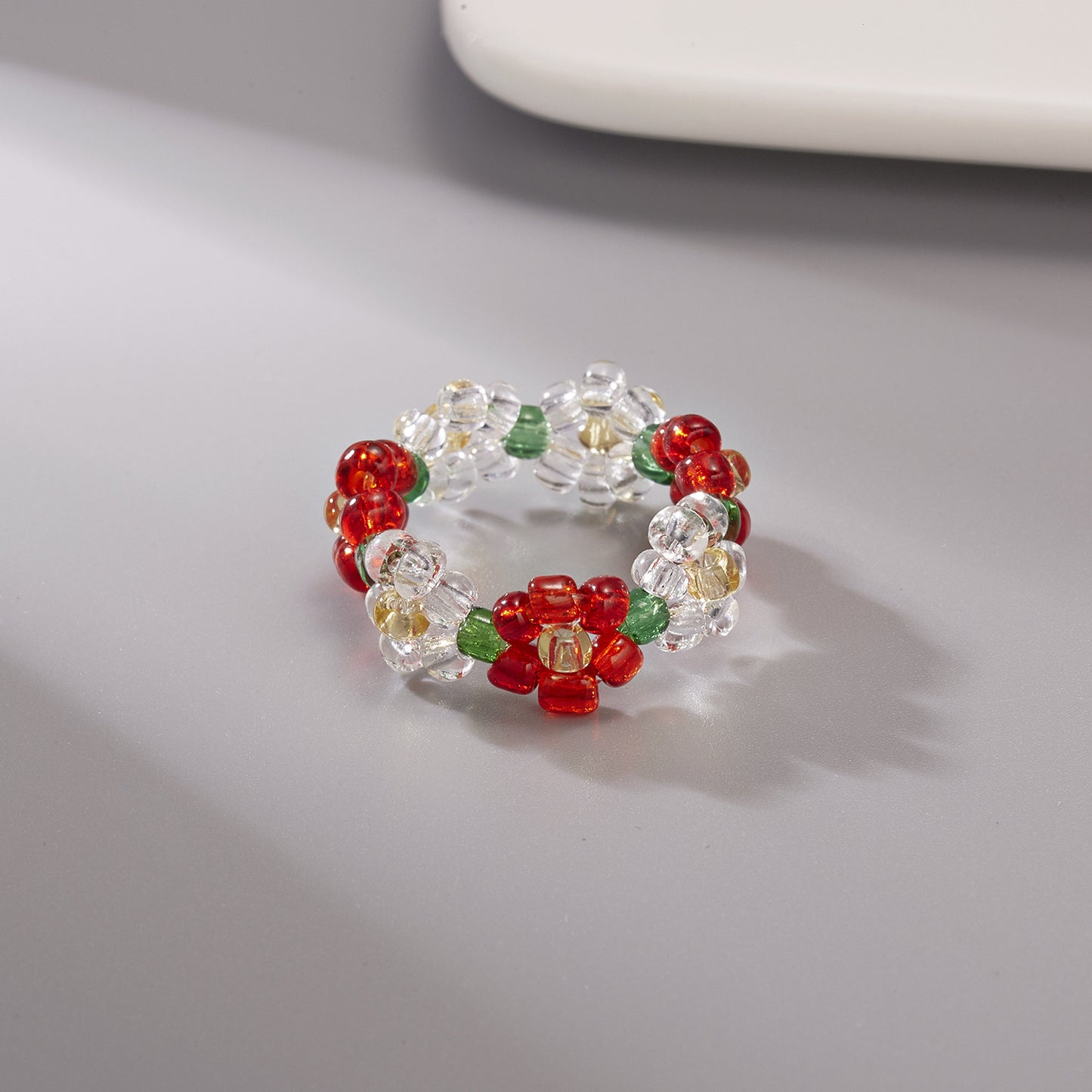 Women's Handmade Bead Flower Colored Woven Small Rings