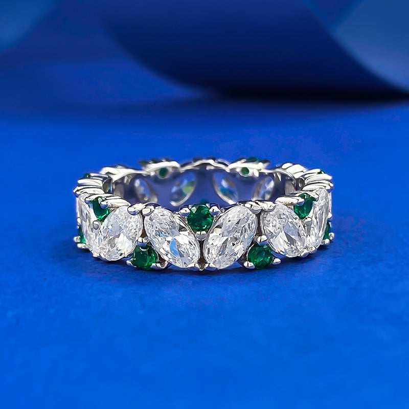 Oval Row Diamond Artificial Green Pointed Rings