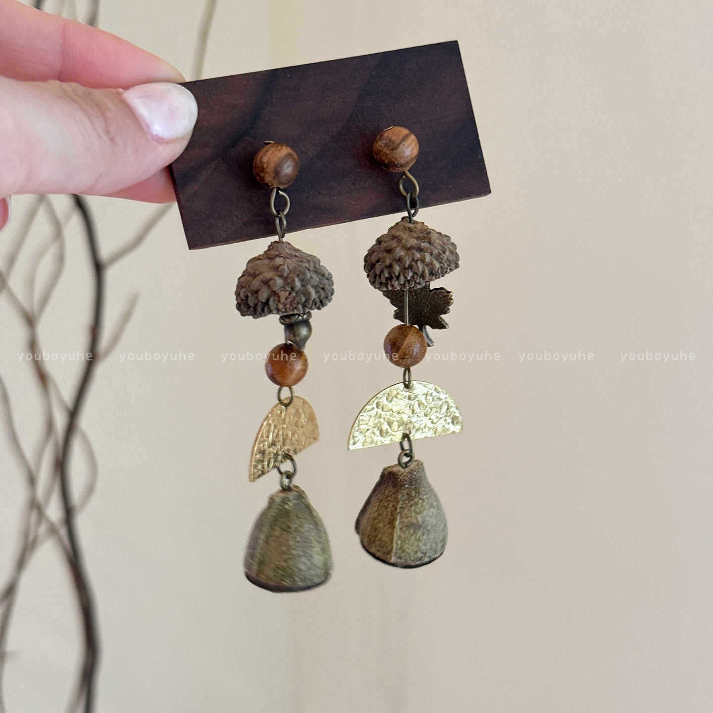 Vintage Mori Style Eucalyptus Fruit Long Design Unique Stud Earrings