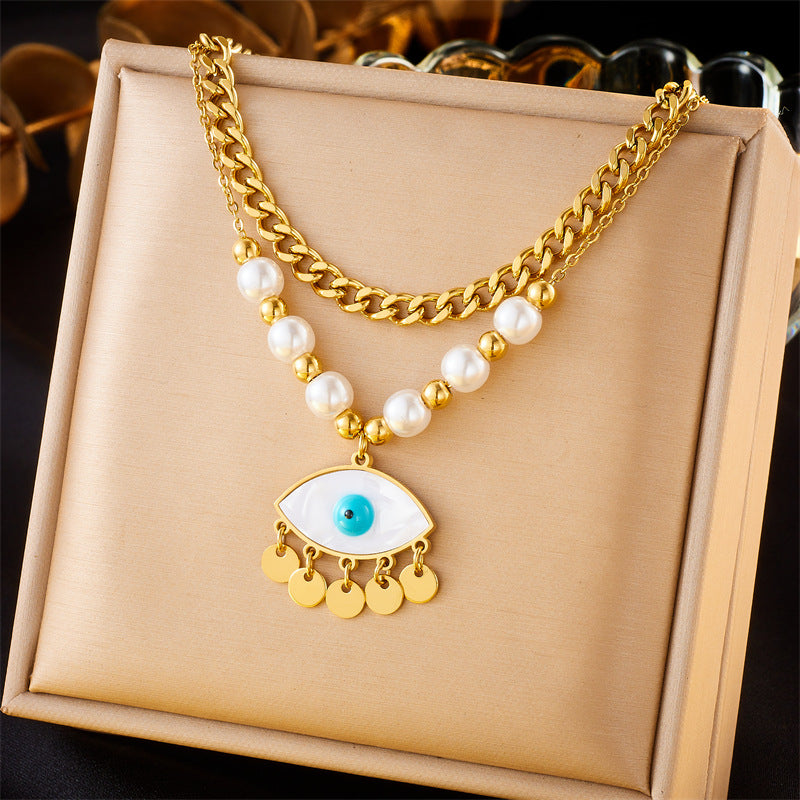 Retro Inlaid Pearl Heart Cross Eyes Pendants