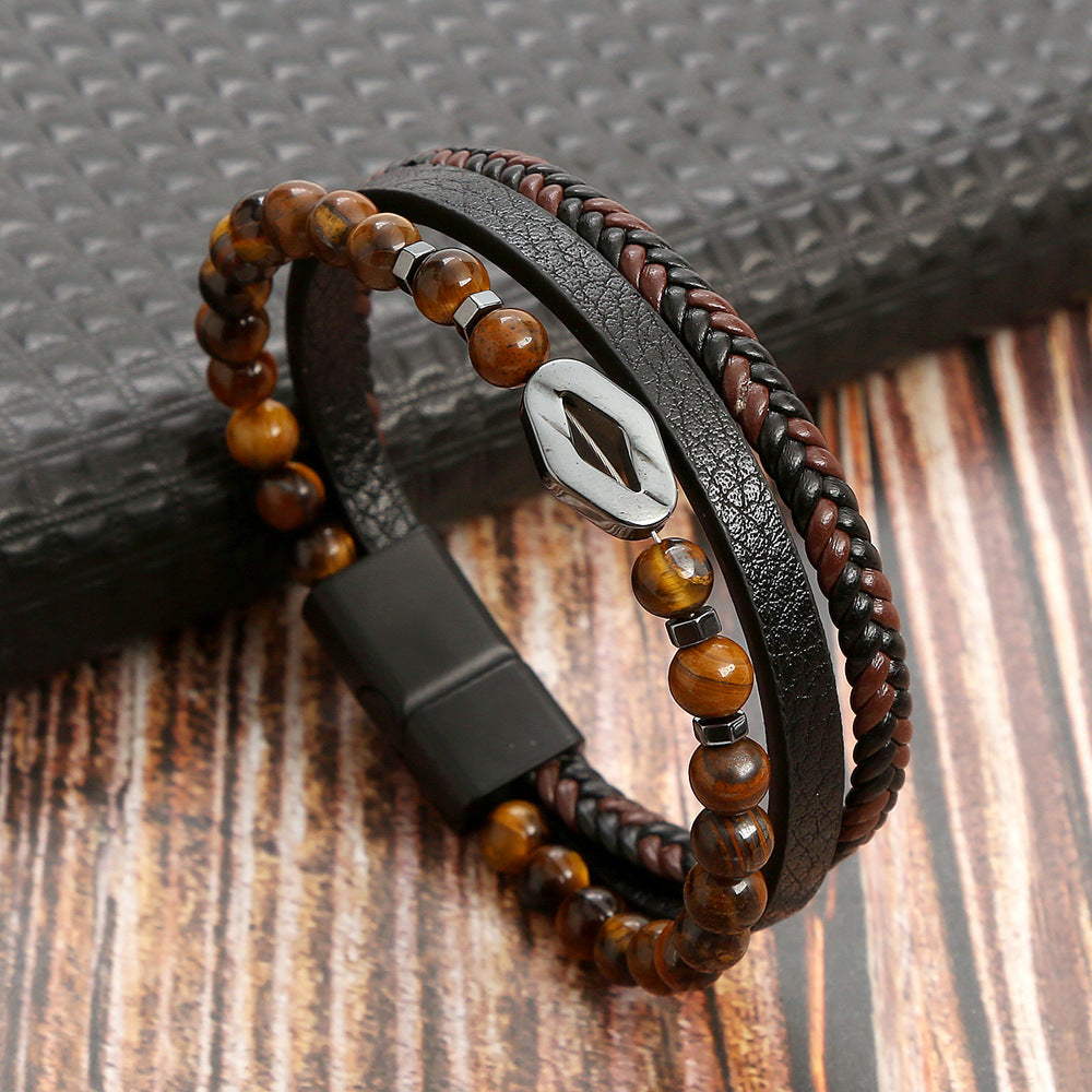 Women's & Men's Vintage Natural Stone Leather Stainless Steel Bracelets