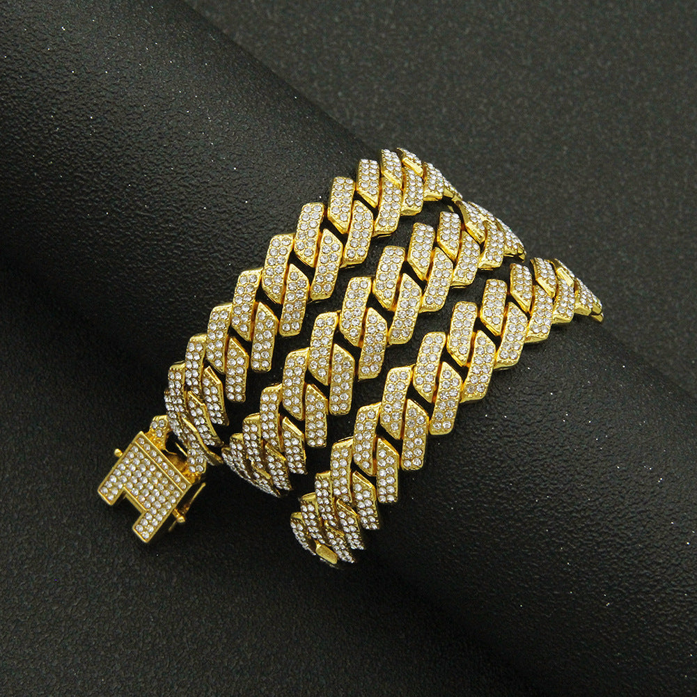 Alloy Diamond Bar Cuban Link Chain Brace Bracelets