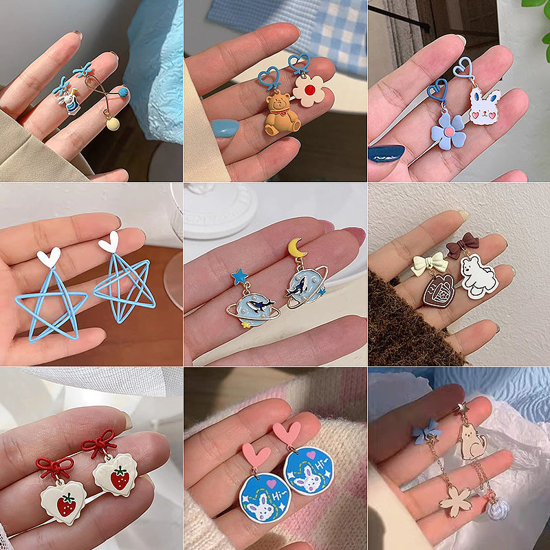 Fresh Sweet Cartoon Bunny Bear Love Heart Minority Design Refined Stud Earrings